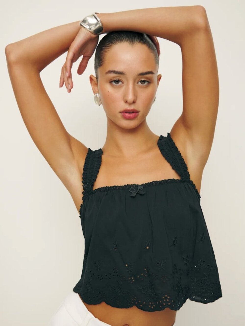 Reformation Black Eyelet Cropped Tank Top